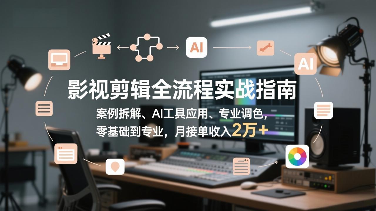 影视剪辑全流程实战指南，案例拆解、AI工具应用、专业调色，零基础到专业，月接单收入2万+-聊项目
