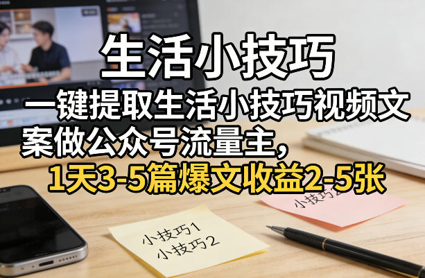 一键提取生活小技巧视频文案做公众号流量主，1天3-5篇爆文收益2-5张-聊项目