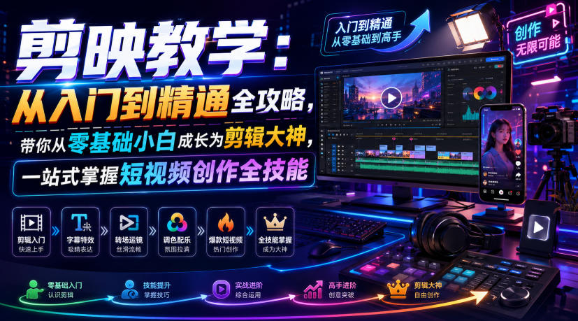 剪映教学：从入门到精通全攻略，带你从零基础小白成长为剪辑大神，一站式掌握短视频创作全技能-聊项目