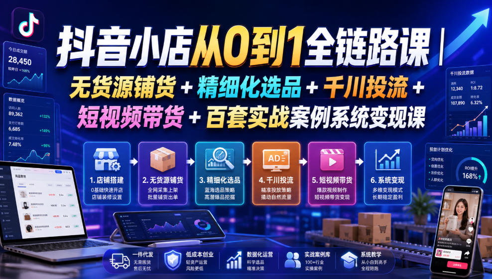 抖音小店从0到1全链路课｜无货源铺货+精细化选品+千川投流+短视频带货+百套实战案例系统变现课(2026年7月更新)-聊项目