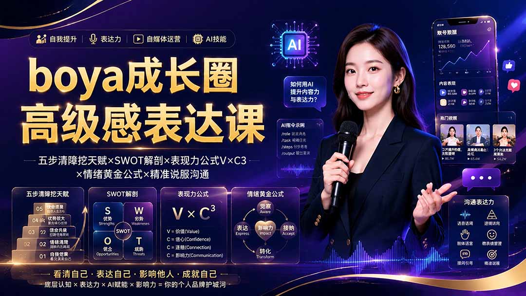 boya成长圈｜内心成长高级表达AI自媒体三合一，消解内耗挖掘天赋，镜头沟通AI指令短视频全流程教学-聊项目