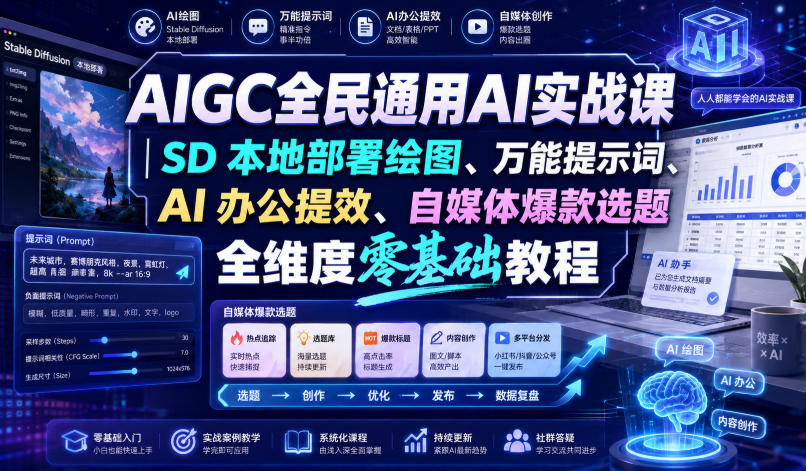 AIGC全民通用AI实战课｜SD本地部署绘图、万能提示词、AI办公提效、自媒体爆款选题全维度零基础教程-聊项目