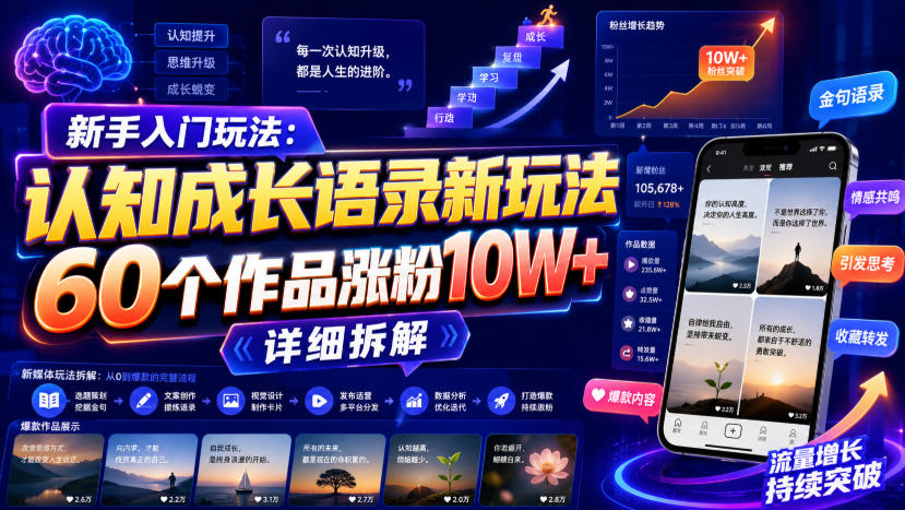 新手入门玩法：认知成长语录新玩法，60个作品涨粉10W+，详细拆解-聊项目