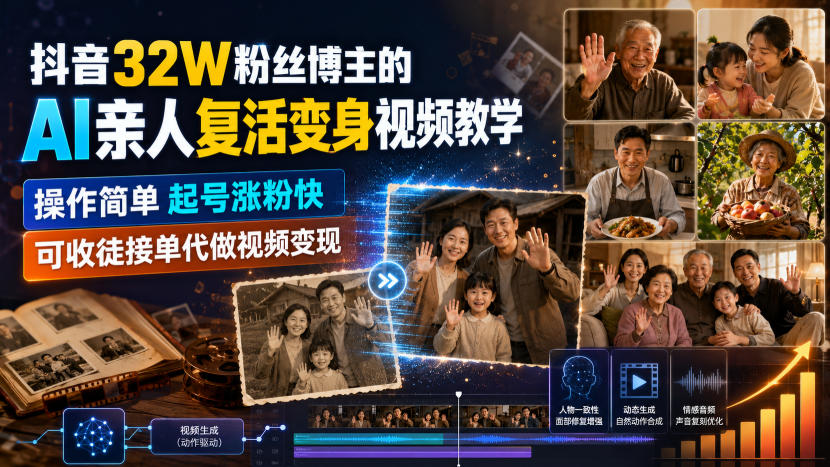 抖音32W粉丝博主的AI亲人复活变身视频教学，操作简单，起号涨粉快，可收徒接单代做视频变现-聊项目