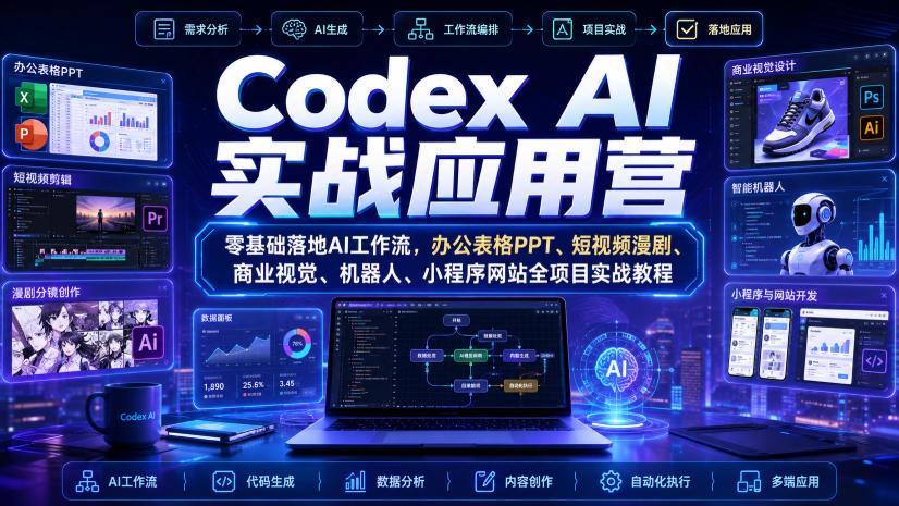 Codex AI实战应用营｜零基础落地AI工作流，办公表格PPT、短视频漫剧、商业视觉、机器人、小程序网站全项目实战教程-聊项目