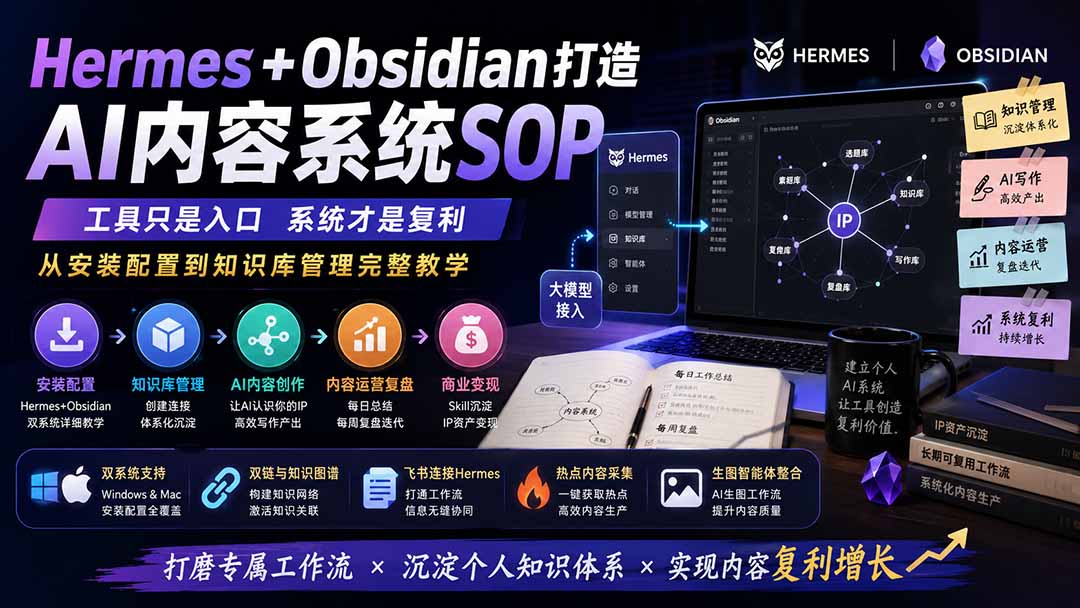 Hermes+Obsidian打造AI内容系统SOP；工具只是入口系统才是复利，从安装配置到知识库管理完整教学-聊项目