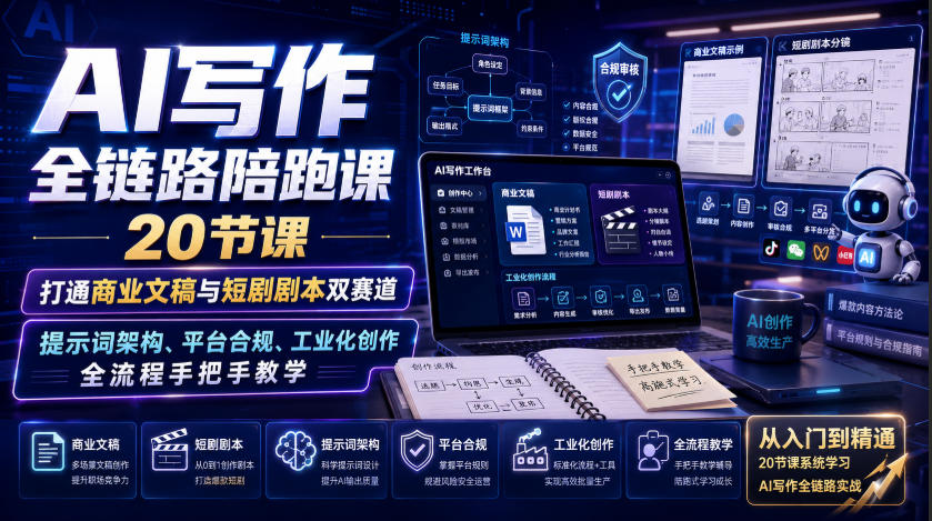 AI写作全链路陪跑课｜20节课打通商业文稿与短剧剧本双赛道，提示词架构、平台合规、工业化创作全流程手把手教学-聊项目