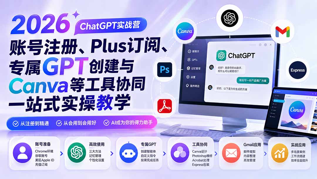 2026 ChatGPT实战营；账号注册、Plus订阅、专属GPT创建与Canva等工具协同一站式实操教学-聊项目