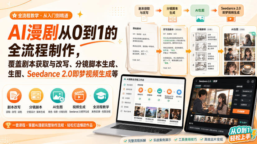 AI漫剧从0到1的全流程制作，覆盖剧本获取与改写、分镜脚本生成、角色场景生图与三视图、Seedance 2.0即梦视频生成(PDF版)-聊项目