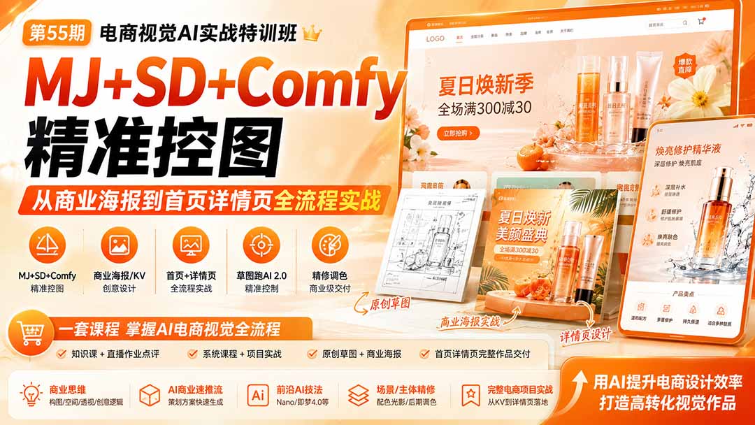 电商视觉 AI实战训练营第55期：MJ+SD+Comfy精准控图，从商业海报到首页详情页全流程实战-聊项目
