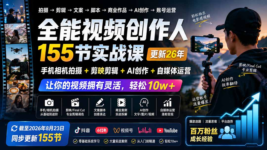 全能视频创作人155节实战课-更新26年8月：手机相机拍摄+剪映剪辑+AI创作+自媒体运营，让你的视频拥有灵活，轻松10w-聊项目