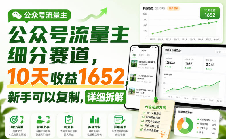 公众号流量主细分赛道，10天收益1652，新手可以复制，详细拆解-聊项目
