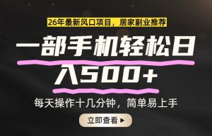 26年居家副业首选，一部手机轻松日入500+，长期稳定可做-聊项目