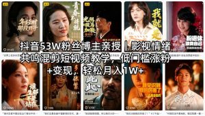 抖音53W粉丝博主亲授｜影视情绪共鸣混剪短视频教学，低门槛涨粉+变现，轻松月入1W+-聊项目