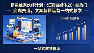 精选独家伙伴计划:汇聚自媒体20+类热门变现赛道,文案剪辑运营一站式教学-聊项目
