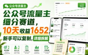 公众号流量主细分赛道，10天收益1652，新手可以复制，详细拆解-聊项目