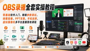 OBS录播全套实操教程|零基础软件入门、精细参数调试、绿幕抠像、手机投屏、虚拟摄像机多平台直播落地课程-聊项目